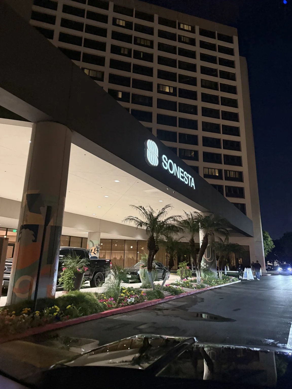 Sonesta hotel entrance at night in Los Angeles
